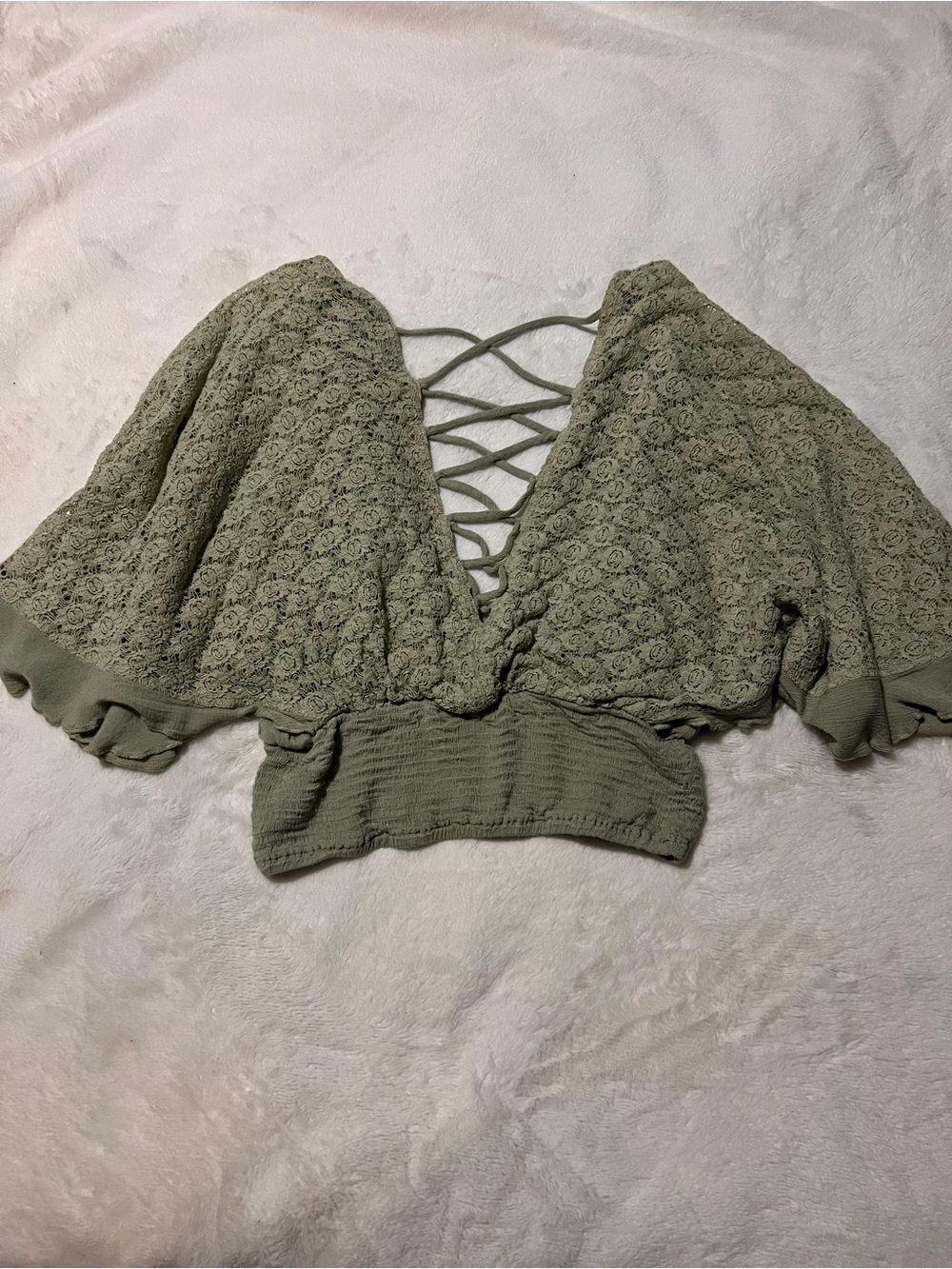 Gimmicks Lace-Textured Olive Green V-Neck Crop Top with Back Lace-Up Size L